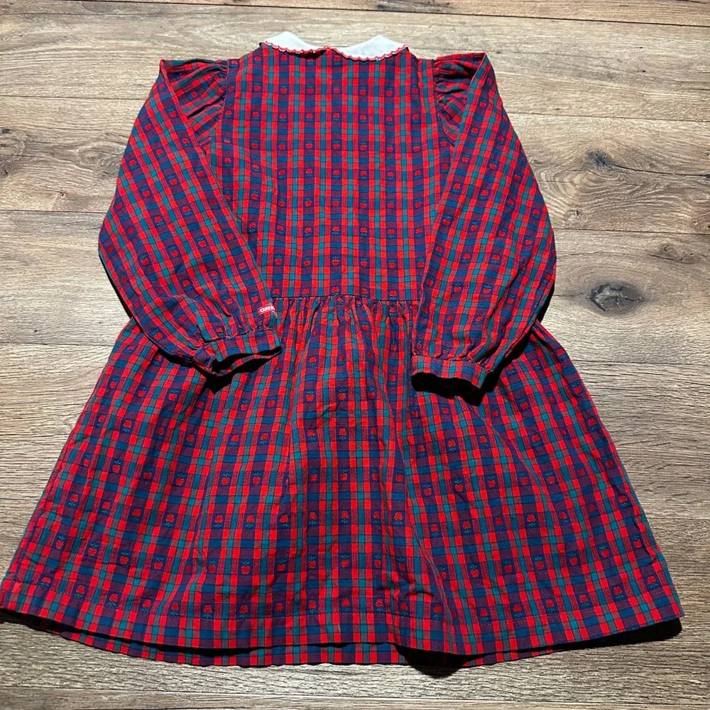 Vintage OshKosh Red Plaid Apple Dress Girls Size 6X Long Sleeve Made in USA